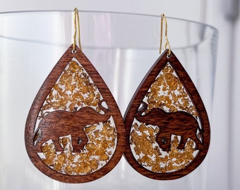 Stained wood and resin teardrop dangle earrings with elephants and gold leaf