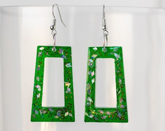 Christmas Holiday green silver and red sparkle glitter drop earrings resin