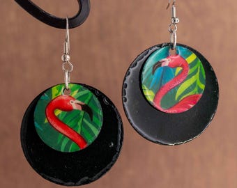 Bold Tropical Large Resin Earrings Flamingo & Dark Green Design