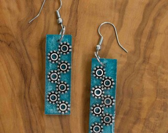 Teal and silver bar resin earrings