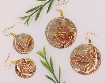 Beige and salmon pink floral paper earrings round and lightweight coated in resin with gold details