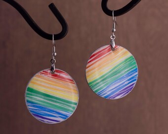 LGBTQIA+ Pride rainbow large Circular dangle statement resin and paper earrings