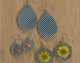 Nautical Ocean Breeze Chevron Navy and White Flower Starfish Earrings