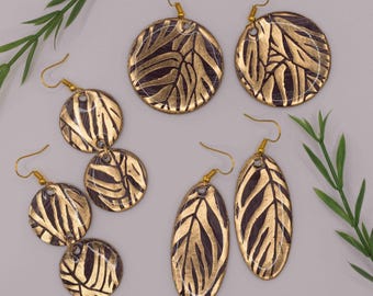Leaf patterned gold and wood brown paper statement earrings in resin