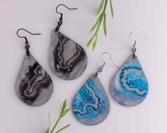 Agate Slice Inspired Hand Painted Teardrop Statement Earrings