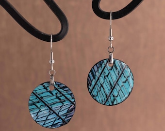 Teal sky blue and black Small Circular paper and resin earrings