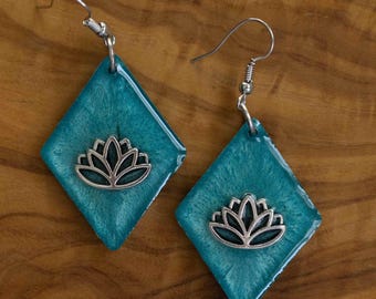 Fluid Teal Aqua Diamond-Shaped Resin Earrings with Silver Lotus Accent