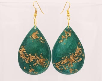 Deep Green and Gold Leaf Teardrop Resin Earrings