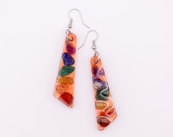 Handmade resin acrylic copper colored and rainbow stone LGBTQIA Pride earrings for nature lover