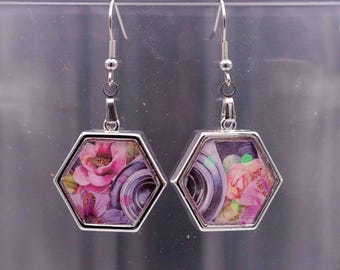 One-of-a-Kind Hexagonal Camera Lens & Pink Flower Resin Earrings in Silver Bezel