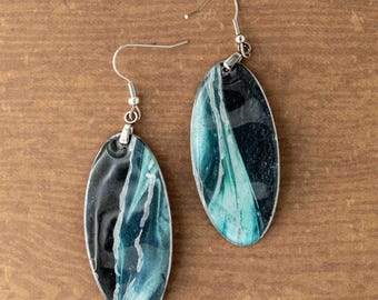 One-of-a-Kind Long Oval Paper & Resin Earrings – Ocean Waves