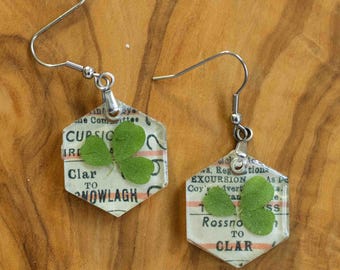 Rossnowlagh to Clar Ireland Train Ticket hexagonal Earrings with Clover, A piece of Ireland preserved in resin!