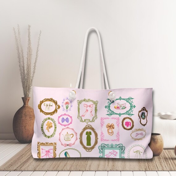 Coquette Weekender Feminine Weekend Bag Very Demure Travel Bag Open Style Beach Carryall Cute Girly Overnight Bag Retro Style Tote Etsy