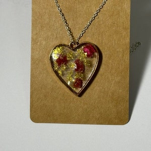 Heart, rose, glittery, resin necklace