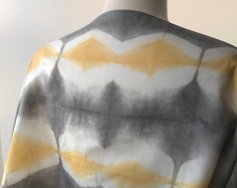 Artist Made Resist Dyed Art Scarf, Handmade, Natural Dyes, Charcoal Gray, White, Yellow, Silk, Cotton, Unique, Textile Art, Gift for Her