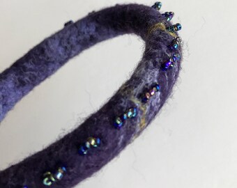 Fiber Art Bangle Bracelet, Hand Felted, Bead Embroidered, Merino Wool, Silk, Purple Color, Statement Jewelry, Art, Artist, Unique