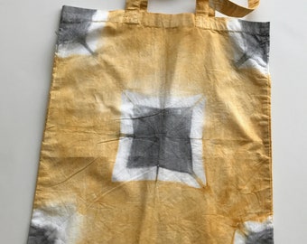 Artist Made Cotton Tote, Hand Dyed with Natural Dyes, Shopping, Carry All, Bag, Market, Yellow, Gray, Colorblock, Mother's Day Gift, Mom
