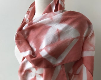 Artist Made Textile Art Silk Scarf, Hand Dyed with Natural Dyes, Modern Shibori, Red and White, Women, Gift for Her, Elegant Tie Dye