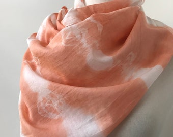 Cotton and Silk Artist Made Scarf, Hand Dyed, Natural Dyes, Warm Orange, White, Women, Gift for Her, All Season, Ladies, Wrap, Loose, Airy