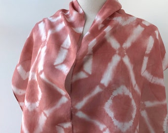 Artist Made Textile Art Silk Scarf, Hand Dyed with Natural Dyes, Deep Coral and White, Women, Gift for Her, Elegant Tie Dye, Geometric