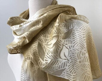 SAMPLE SALE Burnout Silk and Rayon Hand Dyed Scarf, Leaves Design, Natural Dyes, Sage Green, White, Women, Spring, Summer, Nature, Fashion