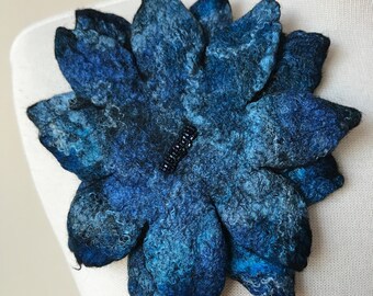Blue Merino Wool Flower Shape Turquoise Silk Statement Jewelry Gift Hand Beaded Black Fiber Art Brooch  Pin Hand Felted Accessory