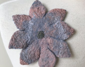 Fiber Art Brooch / Pin, Hand Felted and Hand Beaded, Flower, Merino Wool, Silk, Neutral, Gray, Rose, Statement Jewelry, Accessory