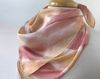 Naturally Dyed Artist Made Scarf, 100% Silk, Coral Pink, Golden Yellow, Square, Women, Neckerchief, Bandana, Handmade Gift, Gift Under 50