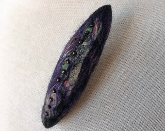 Fiber Art Brooch Pin, Hand Felted, Merino Wool, Silk, Nature Inspired, Black, Purple, Small, Statement Jewelry, Art, Artist, Gift for Her