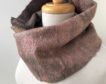 Fiber Art Cowl Neck Scarf in Camel, Pale Gold, Soft Rose, Hand Felted, Merino Wool and Silk, Neckwarmer, Wrap, One of a Kind, Women, SALE