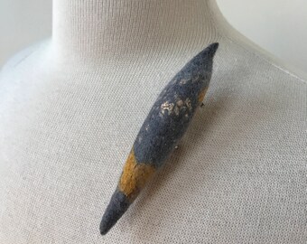 Fiber Art Brooch Pin, Hand Felted, Merino Wool, Silk, Nature Inspired, Gray and Yellow, Statement Jewelry, Winter, Gift for Her or Him