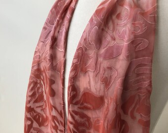 SAMPLE SALE Burnout Silk and Rayon Hand Dyed Scarf, Tie Dye, Leaves Design, Natural Dyes, Wine, , Women, Spring, Summer, Mother's Day Gift