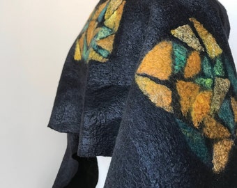 Artist Made Hand Felted Shawl, Merino Wool, Silk, Green, Yellow, Black, Fiber Art, Textile, One of a Kind, Wrap, Scarf, Mosaic, Statement