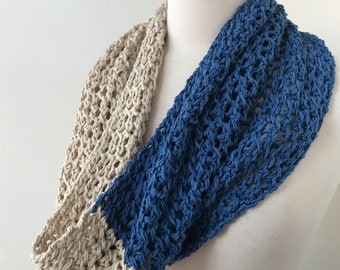 Bamboo and Cotton Blend Hand Knit Snood Infinity Scarf, Blue and Natural / Cream, Two Tone, Soft, Cowl, Neckwarmer, All Season, Gift for Her