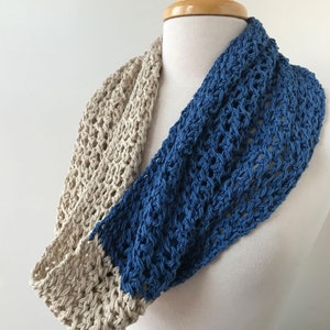 Bamboo and Cotton Blend Hand Knit Snood Infinity Scarf, Blue and Natural / Cream, Two Tone, Soft, Cowl, Neckwarmer, All Season, Gift for Her