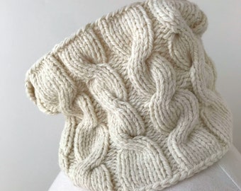 Hand Knit Cowl Scarf, Cable Design, Neckwarmer, Merino Wool, Gaiter, Natural, Ivory, White, Chunky, Warm, Soft, Winter, Loop, Circle