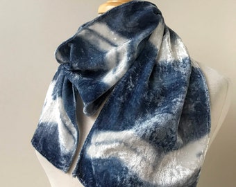 Velvet Scarf, Indigo Blue and White, Hand Dyed with Natural Dyes, Rayon and Silk, Artist Made, Women, Short, Narrow, Gift For Her, Slim