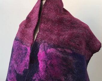 SAMPLE SALE Fiber Art Hand Felted Scarf, Merino Wool, Silk, Purple, Fuchsia, Wine, Abstract, Warm, Artist, Wrap, Textile, Gift for Her
