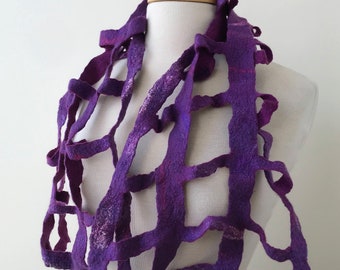 SAMPLE SALE Fiber Art GRID Scarf, Hand Felted, Purple, Merino Wool, Silk, Wrap, Necklace, Art Wear, Artist, Textile, Geometric, Unique