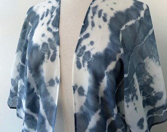 SAMPLE SALE Women's Lightweight Jacket Top, Lounge Wear, Tie Dye, Summer, Hand Dyed, Natural Dyes, Silk Chiffon, Indigo Blue, White