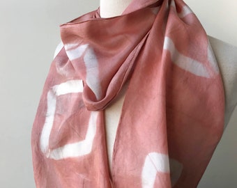 SAMPLE SALE Artist Made Hand Dyed Silk Scarf, Natural Dyes, Salmon Pink, White, Geometric, Women, Gift for Her, Spring, Summer, Artist Made