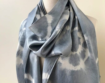 SAMPLE SALE Textile Art Silk Charmeuse Scarf, Hand Dyed, Natural Dyes, Indigo Blue White, Women, Gift for Her, Luxurious, Shawl, Wrap