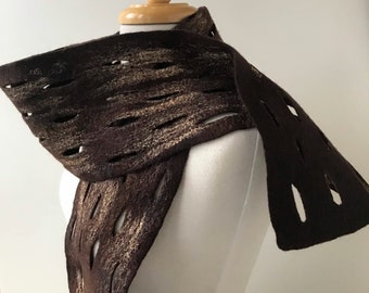 Fiber Art Scarf in Chocolate Brown and Gold, Hand Felted, Merino Wool, Silk, Neckwarmer, Wrap, One of a Kind, Soft, Fashion, Unique, Natural