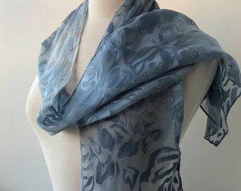 SAMPLE SALE Artist Made Burnout Silk and Rayon Hand Dyed Scarf, Leaves Design, Natural Dyes, Indigo Blue, Lightweight, Handmade, Fashion