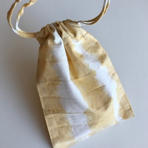 Hand Dyed with Natural Dyes, Drawstring Cotton Pouch, Tie Dye, Resist Dyed, Golden Yellow, Reusable, Gift Bag, Natural, Party Wedding Favor