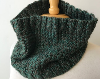 Merino Wool and Silk Hand Knit Neckwarmer Scarf, Chocolate Brown and Emerald Green, Warm, Gaiter, Gender Neutral, Gift for Him or Her