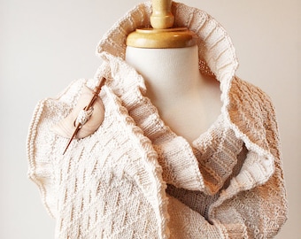 Rococo Merino Wool Hand Knit Shawl in IVORY, Luxurious Merino Wool Wrap, Women's Fall Winter Scarf Fashion, Warm, White, Wedding, Bride