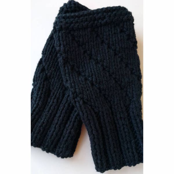 BLACK Darting Diagonals Fingerless Gloves, COTTON and SILK Knit Mitts / Gauntlets for Men and Women, Unisex, Mitts, Mittens, Sale