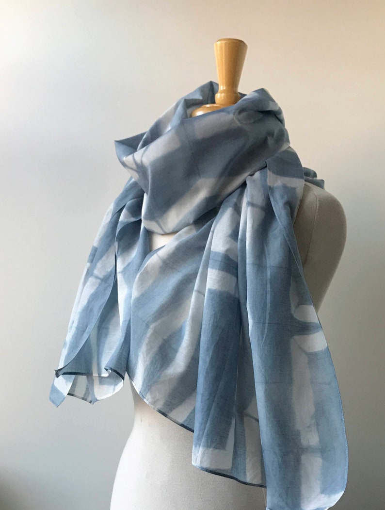 Oversized Textile Art Cotton and Silk Wrap, Hand Dyed in Resist Dye Technique w Natural Dyes, Indigo Blue, White, Scarf, Shawl, Large image 5