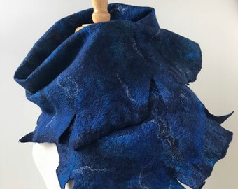 Fiber Art Scarf in Shades of Blue, Hand Felted, Merino Wool, Silk, Wrap, Sapphire, Indigo, Soft, Fashion, Unique, Gift for Fashionista